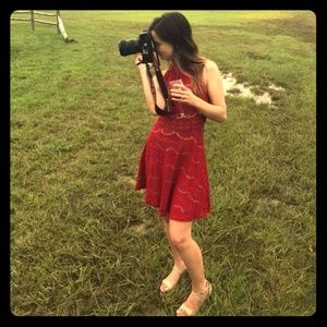 Red lace dress with nude underlay